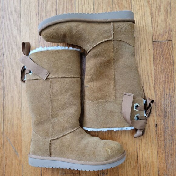 UGG KoolaBurra 7 Tan Boots Leather Fleece Lined‎ Back Lace Tie ANDRAH - Picture 2 of 10